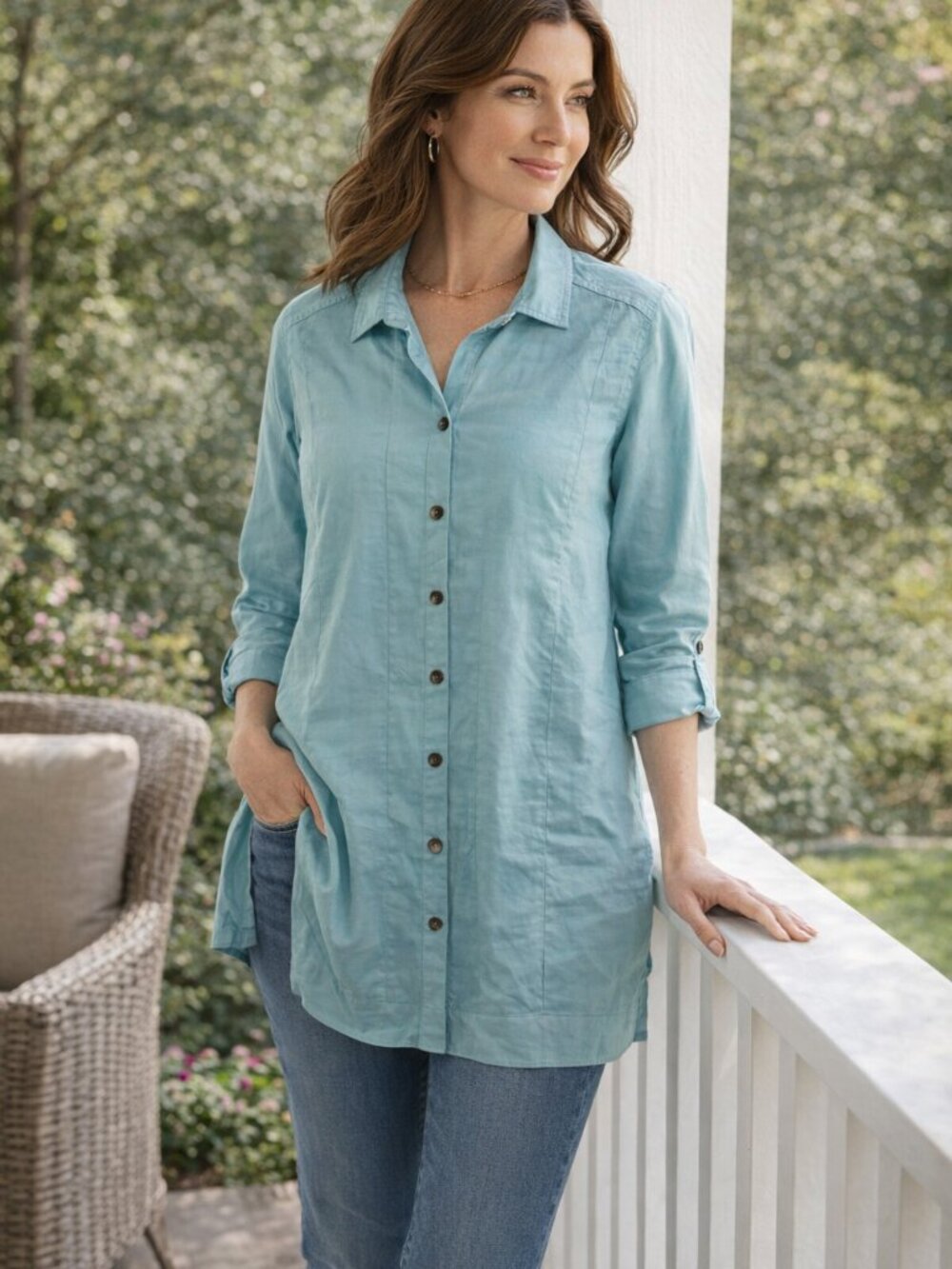 Soft Surroundings Aqua Button-Up Oversized Shirt